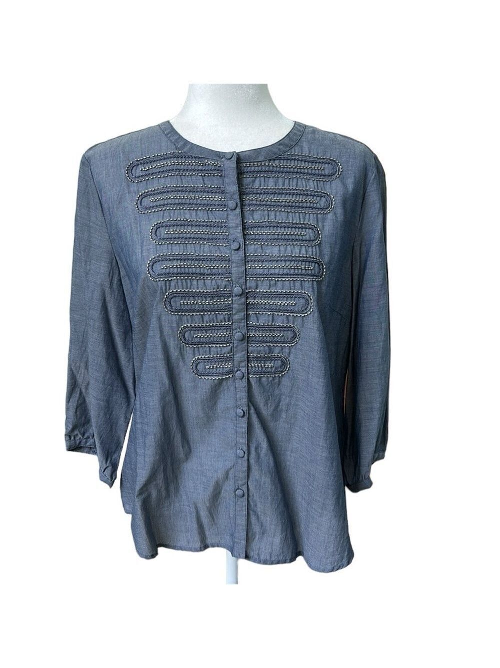 Chico's Chambray Cotton Blue Top Beaded Button Front Chico's 2 US 12 NWT